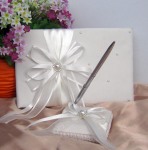 Ivory Ribbon Bows  Wedding Guest Register Book + Silver Pen & Matching Holder Stand
